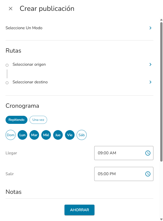Screenshot of creating a carpool in Get There Connect in Spanish