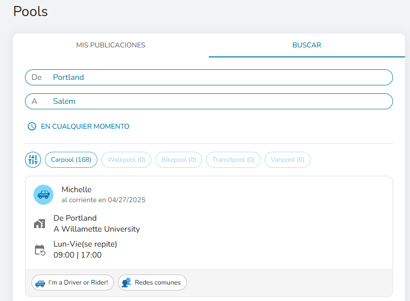 Screenshot of the Pool search feature in Get There Connect