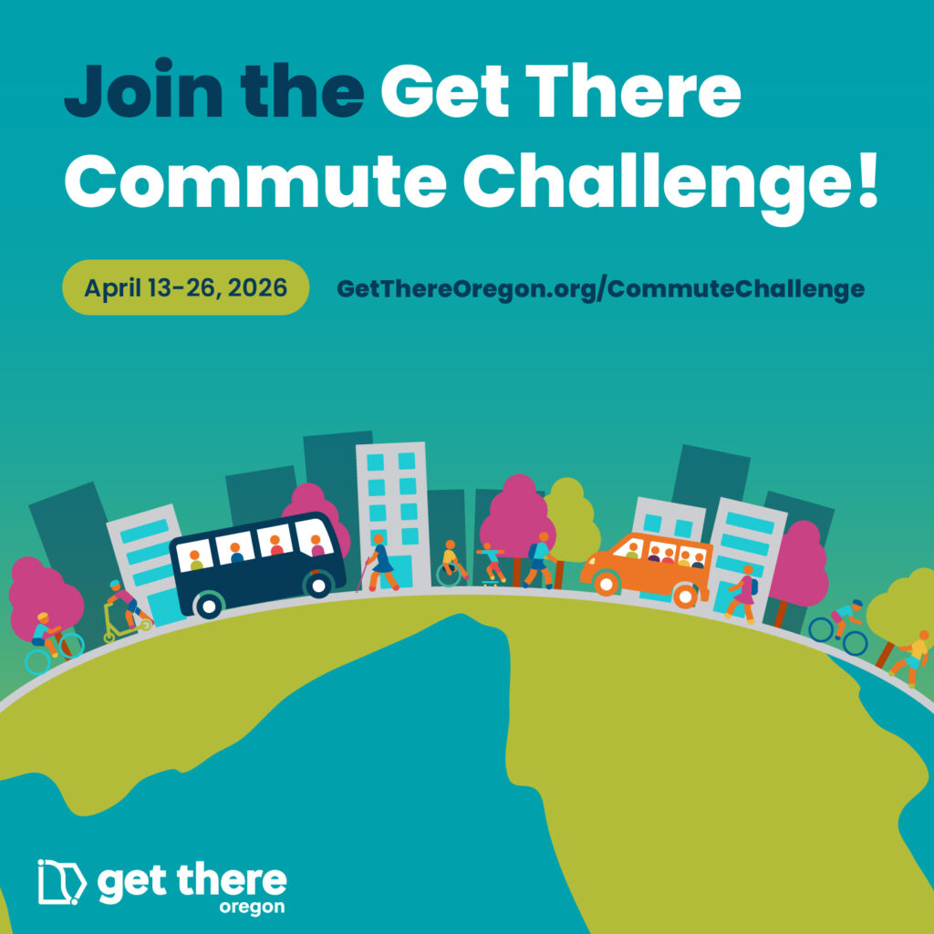 A promotional flyer for the Get There Commute Challenge happening April 13-26, 2026.