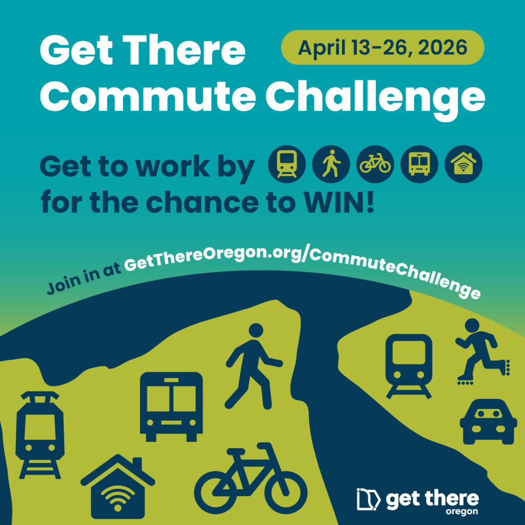 A promotional flyer for the Get There Commute Challenge happening April 13-26, 2026.