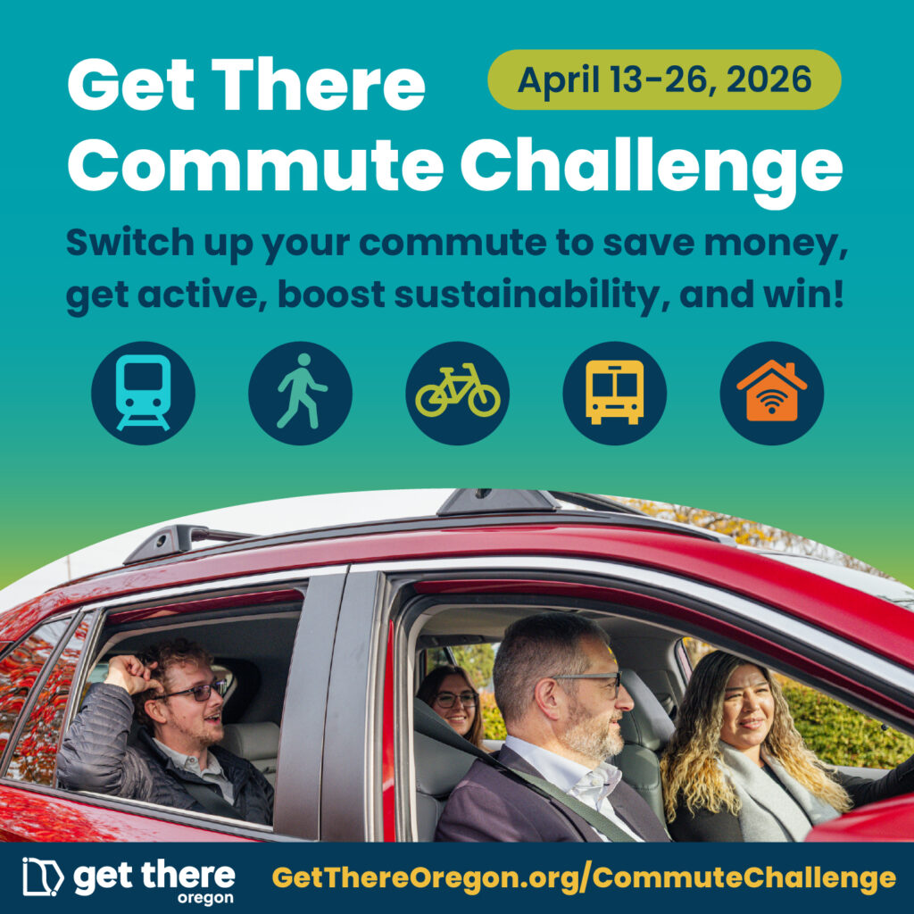 A promotional flyer for the Get There Commute Challenge happening April 13-26, 2026.