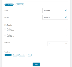 Screenshot of the commute hub dashboard for logging trips.