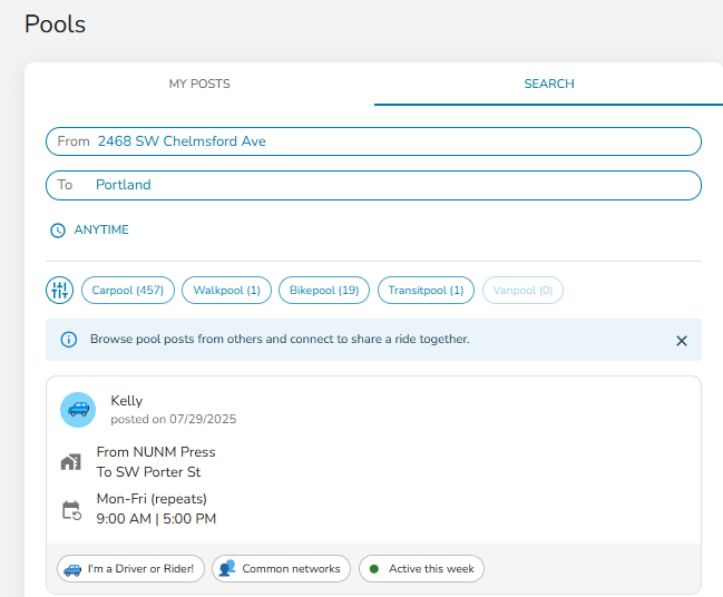 Screenshot of carpool section in Get There Connect