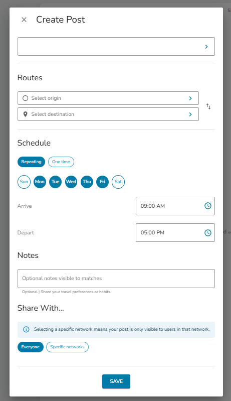 Screenshot of posting a Pool in Get There Connect.