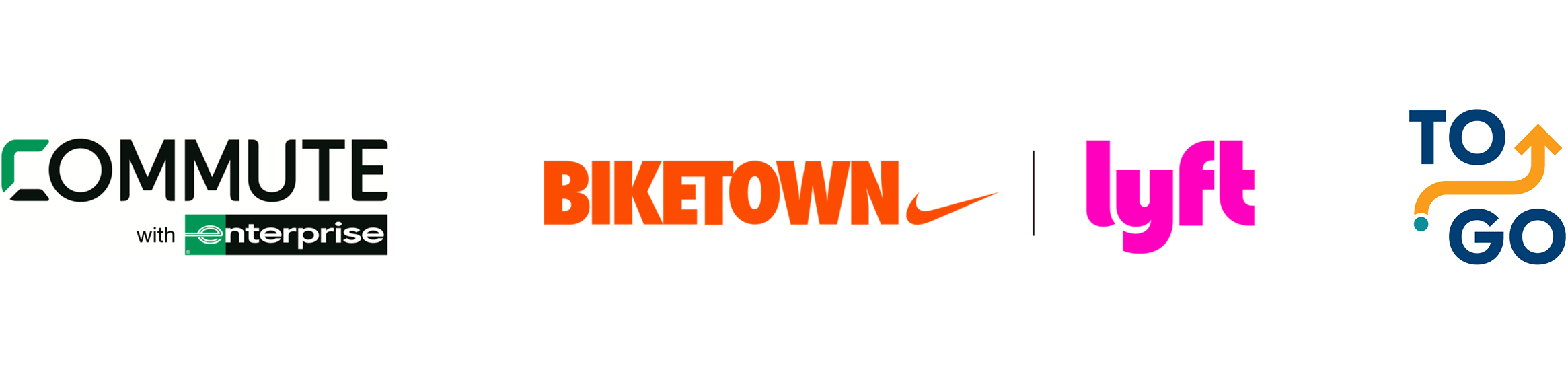 Row of logos containing Commute with Enterprise, Biketown by Nike, Lyft, and To Go.