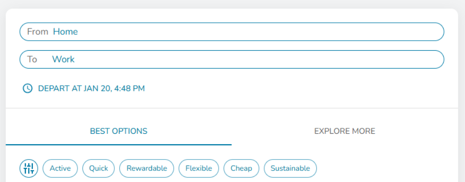 Screenshot of Get There Connect trip planner.